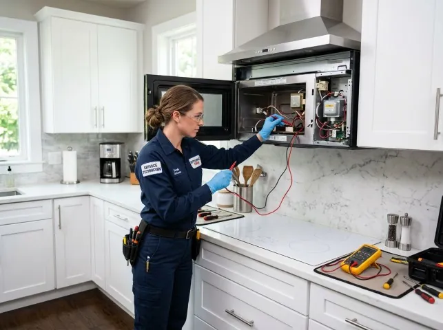 Appliance Repair Hero technician testing an over-the-range microwave in a Breckenridge, CO kitchen